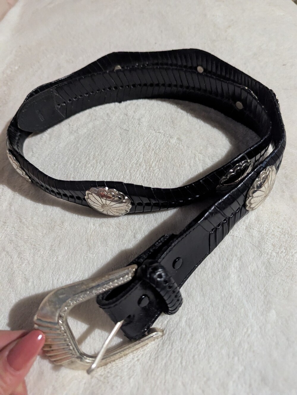 vintage Nocona Black Embossed Leather Belt with Silver Conchos Very Heavy